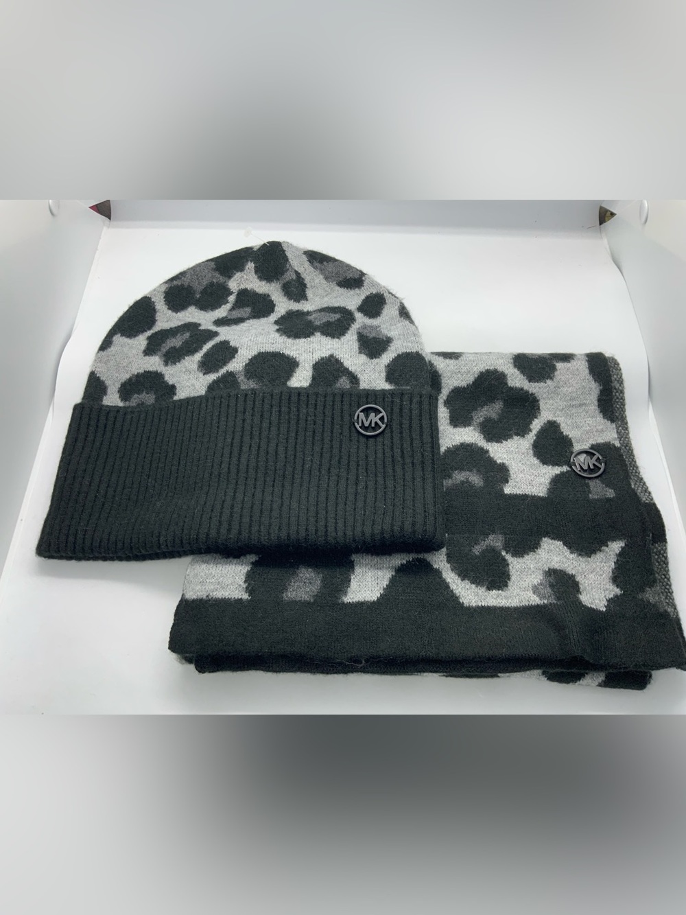Michael Kors Gray and Black Leopard Knit Beanie & Scarf Set